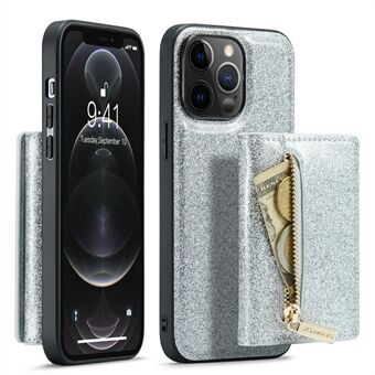 DG.MING M3-serien til iPhone 12 Pro Max 6,7 tommer 2-i-1 glitrende PU-læderbelagt PC+TPU Stødsikker bagcover Kickstand Magnetisk aftagelig lynlås lommebog telefoncover