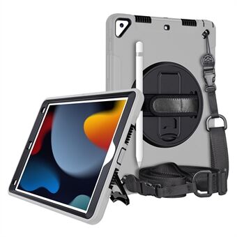 Kickstand Anti-Drop Silikone Hard PC Velbeskyttet Hybrid Cover med drejelig håndrem Blyantholder Skulderrem til iPad 10.2 (2019)/(2020)/(2021)
