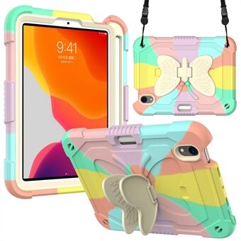 Farvesplejsning Sommerfugleform Kickstand Tablet Beskyttelsesetui Cover med skulderrem til iPad mini (2021)