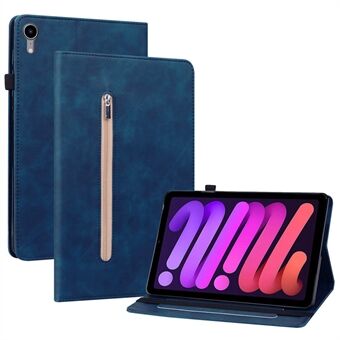 For iPad mini (2021) Anti-drop Solid Color Tablet Case with Zipper Pocket Shockproof PU Leather Tablet Protective Cover Wallet Stand