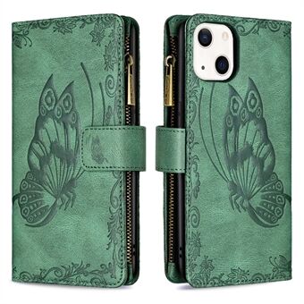 Påtrykt Butterfly Anti-Drop stilfuld lynlås tegnebog design læder telefontaske med Stand til iPhone 13 