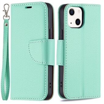Ensfarvet Litchi Texture PU Læder Telefon Pung Case Cover med rem til iPhone 13 