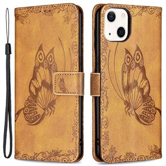 Imprint Butterfly Flower PU-læder Flip-beskyttende telefontaske med Stand og strop til iPhone 13 