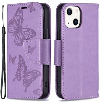 Imprint Butterfly PU Læder Flip Wallet Case Cover med Stand og håndledsrem til iPhone 13 