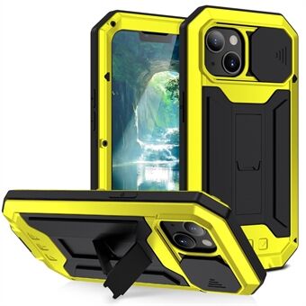 R-JUST Slide Camera Cover Stødsikker PC + Silikone + Metal Hybrid Phone Case Cover med Kickstand Design til iPhone 13 