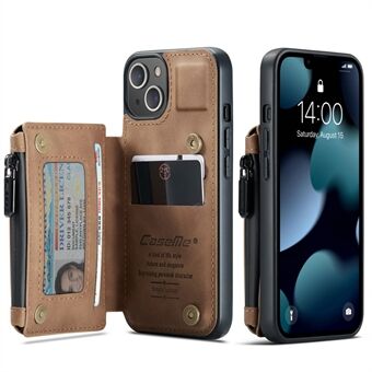 CASEME C20-serien Stødsikker tyverisikret lynlåslomme tegnebogsdesign PU-læder og TPU-bagcover Telefoncover til iPhone 13 - Brun