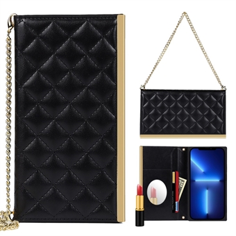 Understøttende Stand telefontaske Grid Texture Telefontaske Håndtaske i læder med makeup-spejl til iPhone 13 