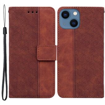 For iPhone 13  PU Leather Wallet Flip Cover Stand Function Geometry Imprinted Folio Protective Case with Strap