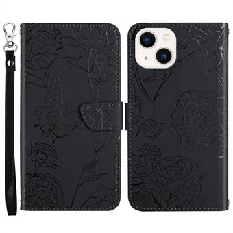 Soft Touch PU Leather Shockproof Case for iPhone 13  Anti-drop Wallet Phone Protector Stylish Butterflies Imprinted Anti-fingerprint Stand Cover with Strap