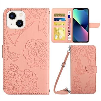 For iPhone 13  Skin-soft Touch PU Leather Folio Wallet Case Imprinted Butterfly Flower Pattern Stand Magnetic Protect Flip Cove with Shoulder Strap