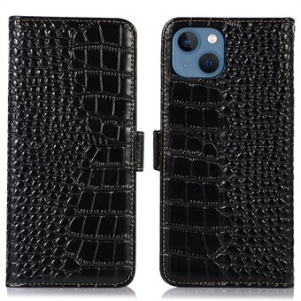 For iPhone 13  Crocodile Texture RFID Blocking Genuine Cowhide Leather Wallet Phone Cover, Bump Proof Stand Magnetic Flip Folio Case