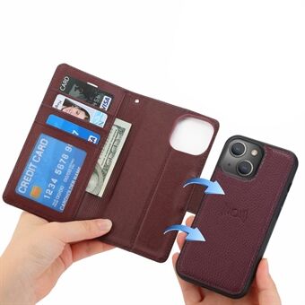 DOLISMA For iPhone 13  Detachable Wallet Litchi Texture Leather Phone Cover Inner Leather Coated TPU Case with Stand
