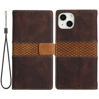For iPhone 13  Grid Splicing Decor Well-protected PU Leather Cover Dual-sided Magnetic Clasp Phone Stand Wallet Case