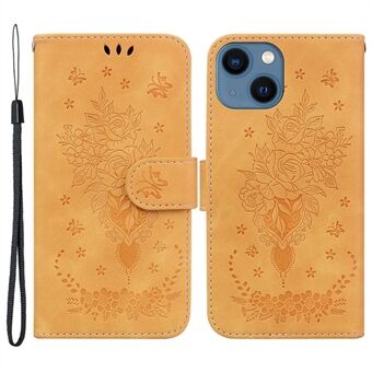 For iPhone 13  Phone Cover Imprinting Roses Butterflies Pattern Shockproof Leather Full Coverage Scratch Resistant Phone Case Wallet Stand