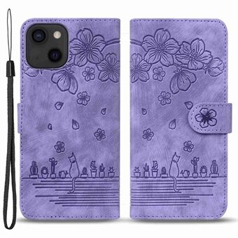 For iPhone 13  Shockproof Wallet Case Cherry Blossom Cat Imprinted PU Leather Stand Flip Cover with Strap