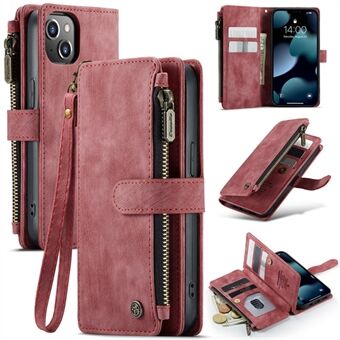 CASEME C30 Series Anti-fall Phone Wallet Case til iPhone 13 6,1 tommer, lynlåslomme PU-læder Mobiltelefoncover Stand Kortholder