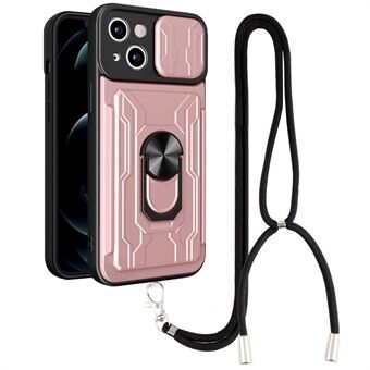 Til iPhone 13  Ring Kickstand Kortholder Telefon Case Slide Lens Protection Hard PC Blødt TPU cover med snor
