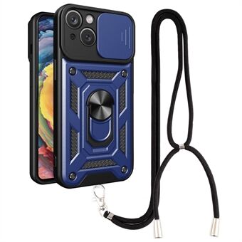 Anti-fald Ring Holder Telefon Etui Til iPhone 13 , Slide Camera Protection PC + TPU Hybrid Phone Cover Kickstand with Lanyard