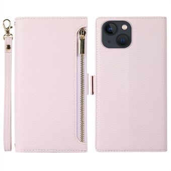 Til iPhone 13  lynlåslommedesign Bump-proof Litchi Texture-telefontaske, PU-læder Flip Cover-pung med rem