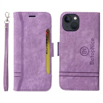 BETOPNICE 001 Stand Wallet Læder Taske til iPhone 13 , påtrykt syning linje Dual Magnetic Clasp Telefoncover med rem