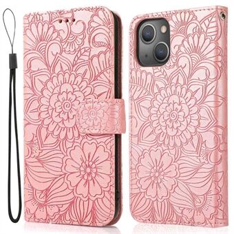 Fuld beskyttelse telefoncover til iPhone 13 6,1 tommer, præget blomstermønster PU- Stand Ridsefast Flip Wallet Cover med rem