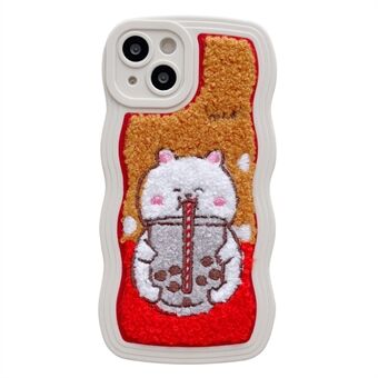 Til iPhone 13 6,1 tommer Fluffy Plys Milk Tea Animal Pattern Brodery Phone Case Anti-ridse TPU + PC cover