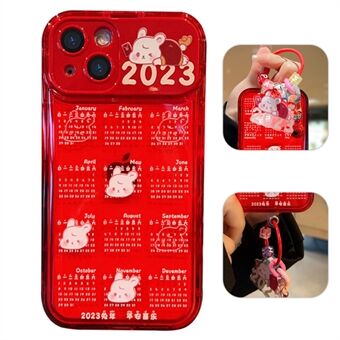 Til iPhone 13 6,1 tommer Drop-sikker rød kalender TPU-telefoncover Mobiltelefoncover med flipspejl og kæde