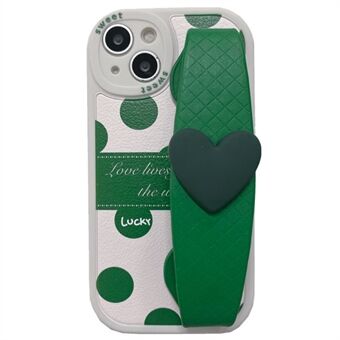 Til iPhone 13 6,1 tommer grønne prikker mønster PU læderbelagt TPU telefoncover Bagcover med Love Heart armbånd