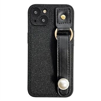 Til iPhone 13 PU-læder+TPU-telefontaske Pearl Decor Armbånd Drop Protection Black Phone Back Shell