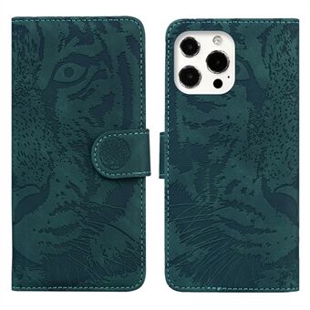Dråbebestandigt Pure Color Tiger Imprint Pattern Lædercover til iPhone 13 Pro 