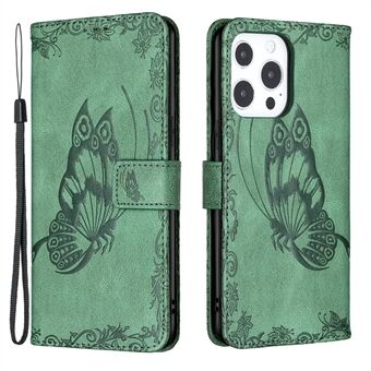 Imprint Butterfly Flower PU-læderpung Folio Flip Stand Beskyttelsesetui med magnetisk håndledsrem til iPhone 13 Pro 