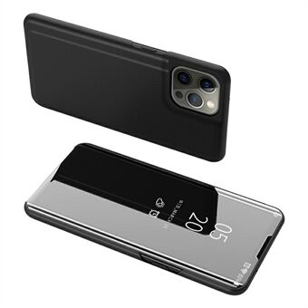 Elektroplettering Spejl Overflade Læder Telefon Case Stand Shell med udsigtsvindue til iPhone 13 Pro 6.1 tommer