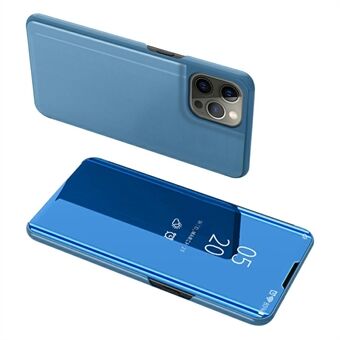 Elektroplettering Spejl Overflade Læder Telefon Case Stand Shell med udsigtsvindue til iPhone 13 Pro - Himmel Blå