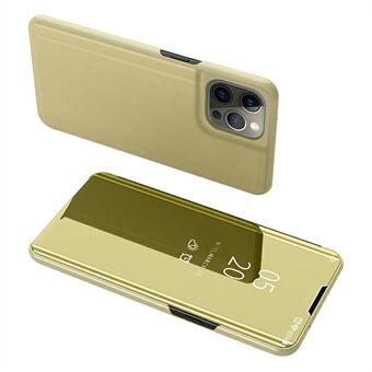 Elektroplettering Spejl Overflade Læder Telefon Case Stand Shell med udsigtsvindue til iPhone 13 Pro - Guld