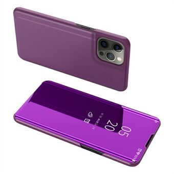 Elektroplettering Spejl Overflade Læder Telefon Case Stand Shell med udsigtsvindue til iPhone 13 Pro - Lilla