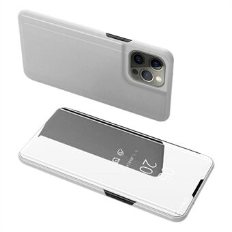 Elektroplettering Spejl Overflade Læder Telefon Case Stand Shell med udsigtsvindue til iPhone 13 Pro - Sølv