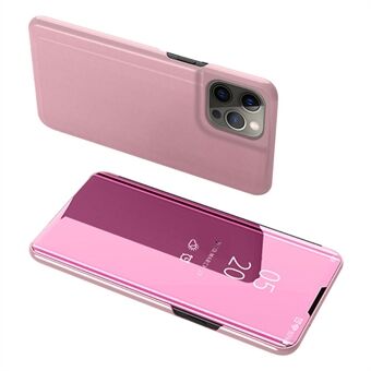 Elektroplettering Spejl Overflade Læder Telefon Case Stand Shell med udsigtsvindue til iPhone 13 Pro - Rose Gold