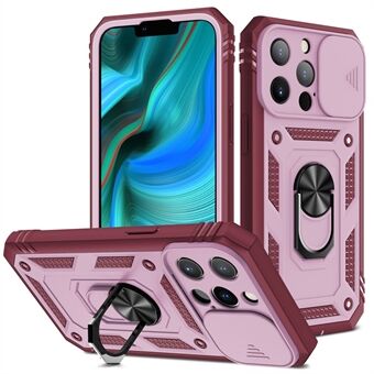 Anti-drop velbeskyttet kameraskyderdesign Metal Kickstand 3-i-1 TPU + PC-telefoncover til iPhone 13 Pro - Pink