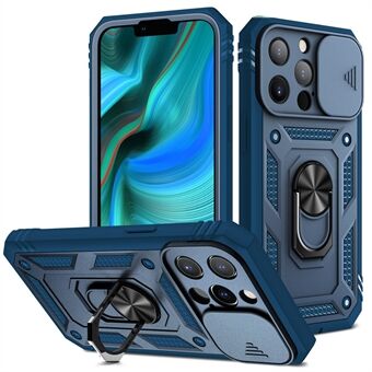Anti-drop velbeskyttet kameraskyderdesign Metal Kickstand 3-i-1 TPU + PC-telefoncover til iPhone 13 Pro - Blå