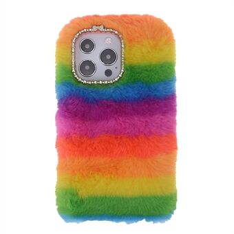 Rainbow Furry Fluffy Phone Case Blødt TPU-bagcover med Bling Rhinestone til iPhone 13 Pro 