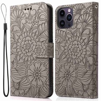 Telefonetui med præget blomstermønster til iPhone 13 Pro, foldbart Stand PU-læder Flip-pung-cover Beskyttende telefonskal med rem
