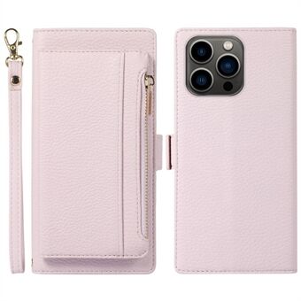 Til iPhone 13 Pro 6.1 tommer 2 i 1 Magnetisk PU-læder beskyttende telefontaske Stand Aftagelig lynlås lomme tegnebog Litchi tekstur Anti-ridse telefoncover med rem
