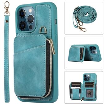 Til iPhone 13 Pro 6,1 tommer korttaske Design Kickstand Cover PU lædercoated TPU telefontaske med hånd- og skulderrem