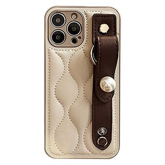 Til iPhone 13 Pro 6,1 tommer Scratch Rhombus Texture PU Lædercoated PC Hard Case Bagcover med Faux Pearl Armbånd