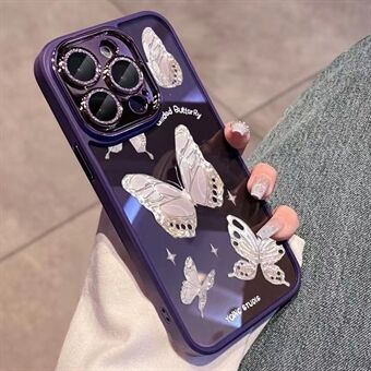 Til iPhone 13 Pro Hårdt glas+Fleksibelt TPU-telefoncover Glitrende pulverdekor Platinum Butterfly Cover