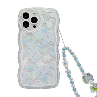 Til iPhone 13 Pro telefoncover Hjerteformet sommerfuglemønster gennemsigtigt TPU-cover med perlekæde