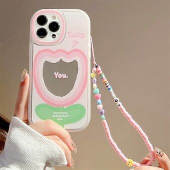 Til iPhone 13 Pro TPU Cover Gradient Pink Flower Pattern Spejldesign Telefoncover med håndledsrem