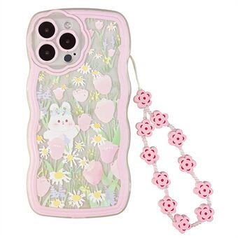 Til iPhone 13 Pro Rabbit Flower Pattern Telefonetui Transparent TPU cover med håndledskæde
