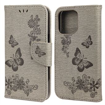 Læderpung-etui Imprint Butterfly Flower telefontaske med Stand til iPhone 13 mini 