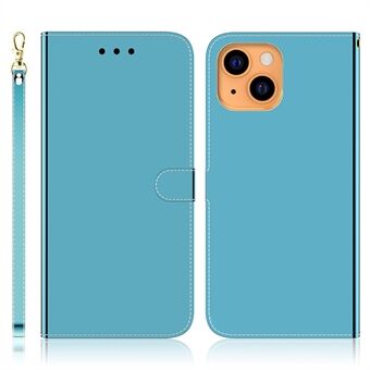 Spejl-lignende overflade læder Fuld beskyttelse Telefon Case Wallet Stand Cover med rem til iPhone 13 mini 